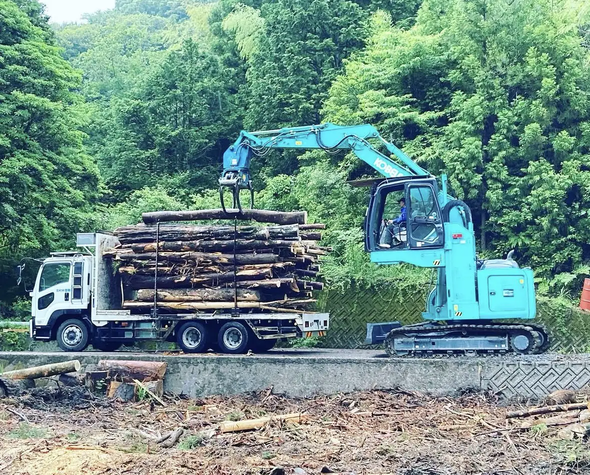 エレベーター式のグラップルでトラックに木材を積み込む